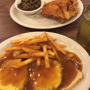 Hot Cheeseburger plate with fries and   Fried Chicken!