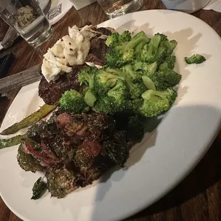 Filet with crab meat, Brussels, and broccoli