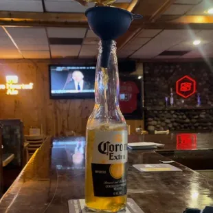 a bottle of corona beer on the bar