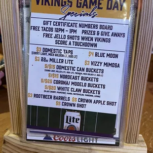 a menu for a viking game day