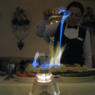 Chateaubriand tableside, set ablaze with brandy.