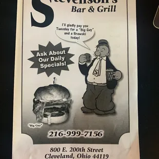 a menu for a burger