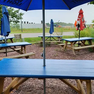 blue picnic tables and umbrellas