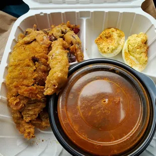 Softshell crab with deviled eggs and crab soup. All was very good! 05-07-23