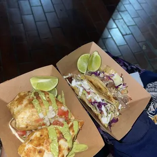 Custom veggie burrito and chicken and steak tacos