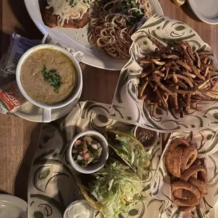 Whiskey Clam Chowder, Fries, Tacos, Chicken Parm, and Caesar salad