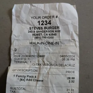 Receipt for family meal