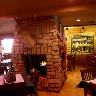a fireplace in the dining room