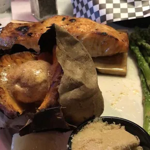 Salmon with sweet potato and asparagus...not the best pic but oh so yummy!