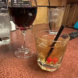 a glass of wine and a spoon