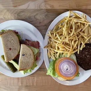 Hot Corned Beef &amp; Chopped Chicken Liver Sandwich and Ground Round Burger
