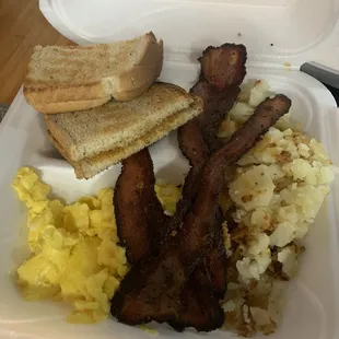 2 egg, 3 bacon, hash brown and rye toast.