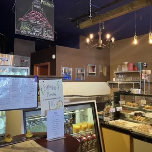 Counter, menus, baked goods