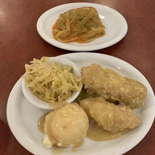 City chicken with mashed potatoes and gravy, kapusta, and stuffed cabbage.  Outstanding!