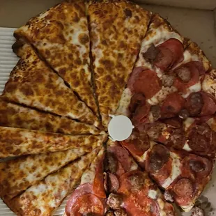 Cheese and meat lovers pizza