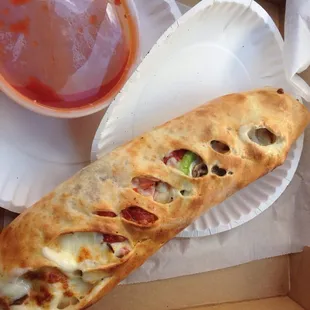 Stromboli with marinara sauce! $10.50 big enough to share