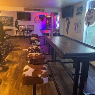 a row of tables and stools