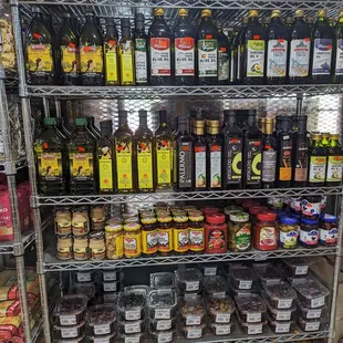 a display of olive oil and condiments