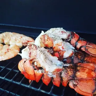 Pink shrimp and lobster tail.