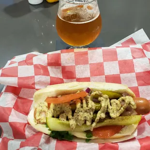 Chicago dog and a Myrcenary Double IPA (I was already drinking when the dog arrived)