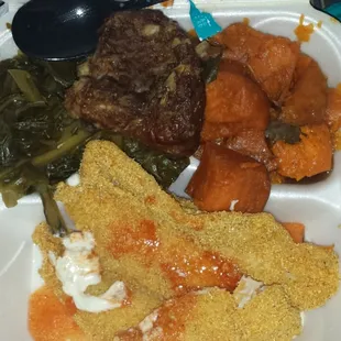 Fried fish greens and candy yams