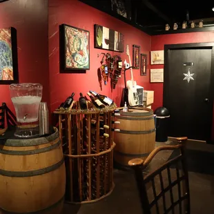 wine barrels and a blender