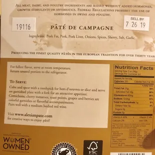 Back of the pâté package, all good ingredients I can read, no fillers, women owned co., ethical alliances - and it tastes amazing!