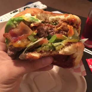 Delicious bacon, avocado burger.