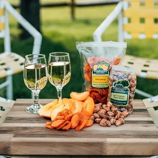 White wine day featuring some of our favorite apricot products: Dried Apricots and Apricot Explosion glazed almonds
