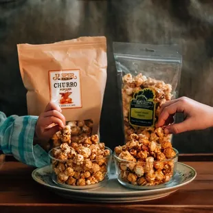 Churro Popcorn and Caramel Almond Popcorn.