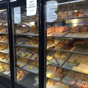 a display case of baked goods
