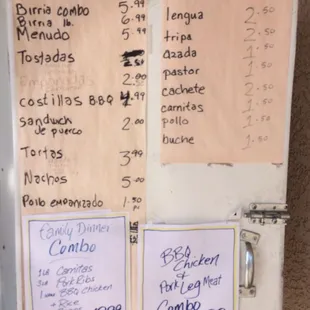 a refrigerator with a list of tacos on it