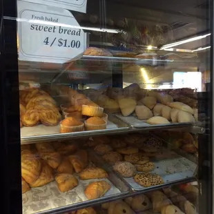 a display case of baked goods