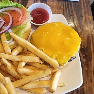 Half lb. Angus burger with fries.