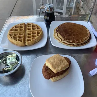 Waffle, pancakes, chicken biscuit. Good.