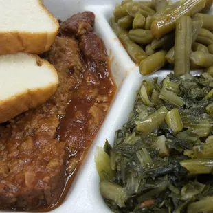 Tender meatloaf with tasty turnip greens and green beans with a little spice.