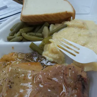 Pork chops cheesy potatoes green beans