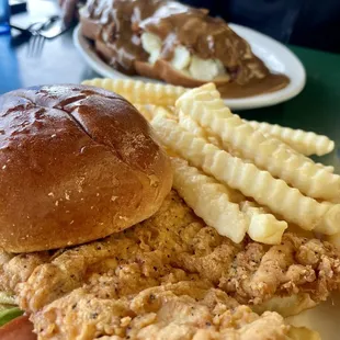Half of a fried giant tenderloin and roast beef platter