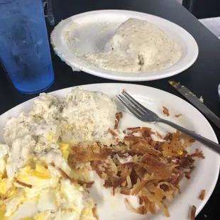 Two eggs, crispy hash browns with a half order biscuits and gravy.