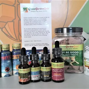 4 strengths of oils, capsules, cream, gummies, drink shots, face cream and doggie treats