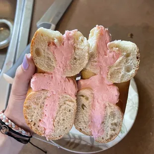 Plain bagel with strawberry cream cheese!