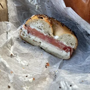 Everything bagel with Lox, tomato &amp; onion