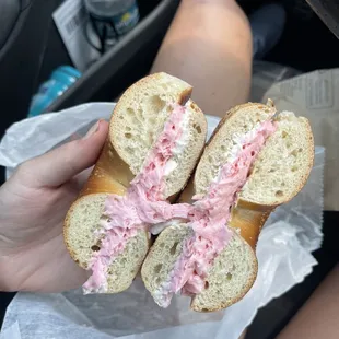 Plain bagel with strawberry cream cheese!