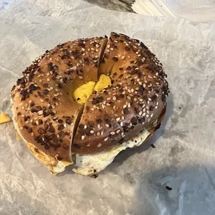 Egg and cheese on everything, toasted.