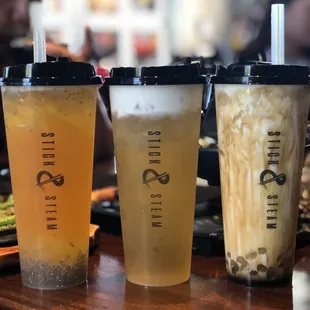 Passionfruit Aloe Green Tea,  Jasmine Green Tea,  Brown Sugar Milk Agar Boba