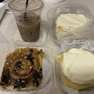 Sticky bun with walnuts and raisins, cinnamon buns, and an iced grasshopper latte.