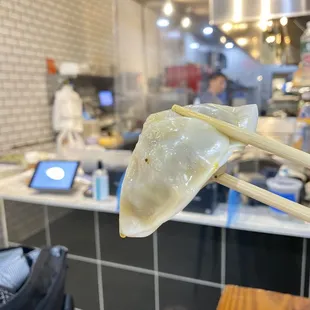 a dumpling being held by a pair of chopsticks