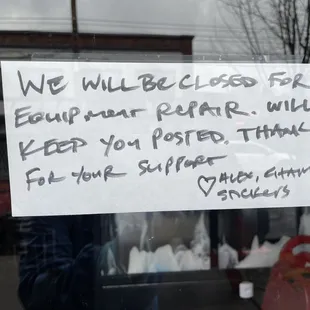 They are closed for equipment repair  stay tuned for reopening