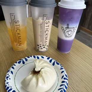Hawaii Delight, Original Milk Tea, Taro tea, pork bao bun