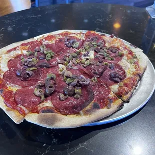 Salame and Olive pizza